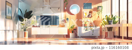 Experience a smart home interior where AI-powered devices blend into daily routines, offering seamless integration for enhanced living, Ai-centered world, banner 116160108