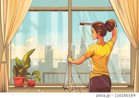 In her apartment, a woman carefully washes the windows, using a cloth and cleaning solution to remove dirt and streaks, creating a clearer view and a fresher environment, cartoon illustration 116160164