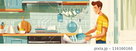 In the kitchen, a man loads the dishwasher with dirty dishes, placing plates, cups, and utensils strategically to maximize space and cleanliness, banner illustration 116160168