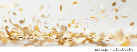 Golden confetti, suspended in mid-air against a crisp white background, creates a scene of celebration. The floating, shimmering particles reflect light, enhancing the festive mood, banner 116160169