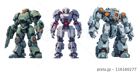 Mechanical robot cartoon vector illustration. Defender steel armor halo blaster cyborg suit exoskeleton future cyber character soldier, isolated concepts on white background 116160277