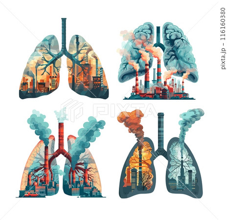 Bad ecology cartoon vector concepts. pipes factories smoke human bronchi lungs air pollution industrial production toxicity breathing organs intoxication, illustrations isolated on a white background 116160380