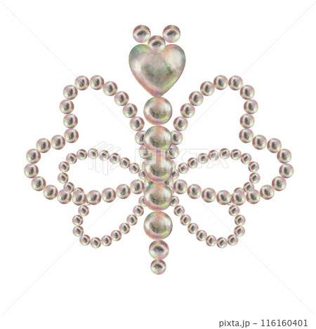 Pearl jewelry in the shape of a heart, flower, butterfly. Watercolor illustration in pastel palette with holographic effect as a template for Valentine's Day, engagement, wedding, Mother's Day 116160401