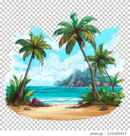 Paradise beach with palm trees and islands in the distance Paradise beach with palm trees and islands in the distance 116160455