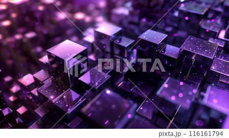 Metallic cubes with pearlescent purple color on the dark digital background. Metallic cubes with pearlescent purple color on the dark digital background. 116161794