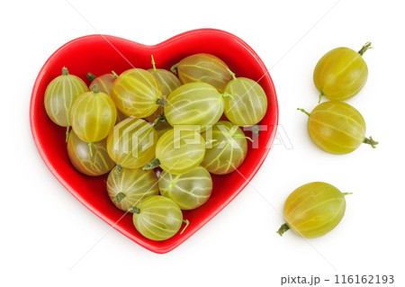Green gooseberry in a ceramic bowl isolated on white background with clipping path and full depth of field. Top view. Flat lay. 116162193