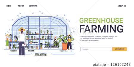 Greenhouse farming sustainable agriculture concept people working plants minimalistic line art 116162248