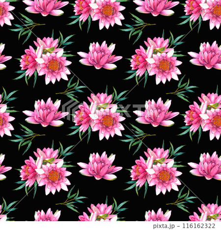 Seamless pattern with pink flowers of a water lily and a sprig of bamboo. Hand drawn watercolor illustration of exotic lotus composition for wrapping paper or textile design. Print on black background Seamless pattern with pink flowers of a water lily and a sprig of bamboo. Hand drawn watercolor illustration of exotic lotus composition for wrapping paper or textile design. Print on black background 116162322