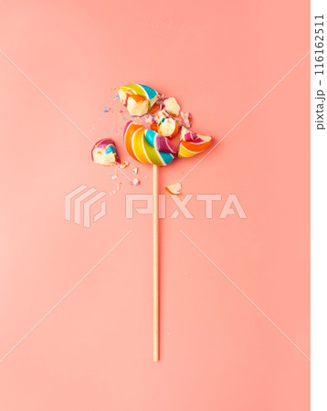 Broken color lollipop, spiral candy on stick, colorful striped lollypop, round fruit caramel, circle lollipop Broken color lollipop, spiral candy on stick, colorful striped lollypop, round fruit caramel, circle lollipop 116162511