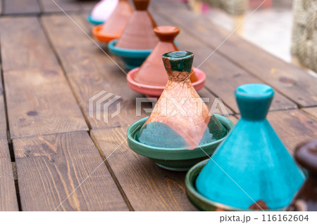 Small Moroccan Tagines, Traditional Color Morocco Pottery, African Souvenir, Moroccan Food Small Moroccan Tagines, Traditional Color Morocco Pottery, African Souvenir, Moroccan Food 116162604