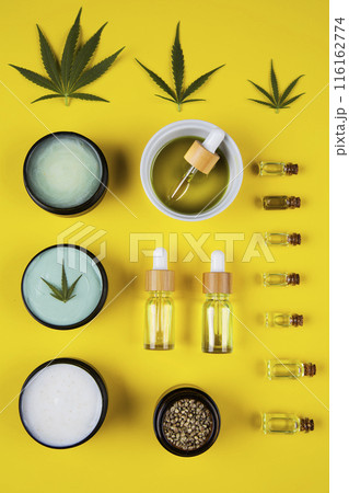 Flat lay composition, cbd, Cannabis leaves with marijuana 116162774