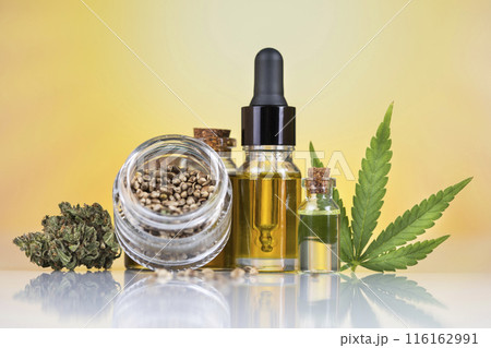Cannabis leaf with hemp seeds and marijuana oil, cbd 116162991
