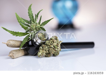 Cbd, weed, marijuana leaves and cannabis buds 116163059