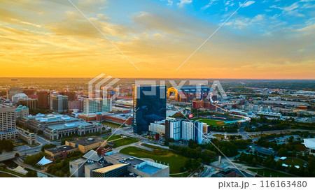 Aerial Golden Hour Cityscape of Indianapolis with Stadium 116163480