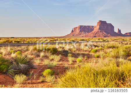 Late Afternoon Desert Road with Red Sandstone Buttes in Arizona 116163505