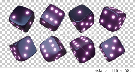 Casino gambling game dice. Iridescent dice with neon colors. Purple dice. 3d render Casino gambling game dice. Iridescent dice with neon colors. Purple dice. 3d render 116163580