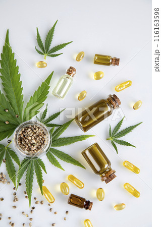 Cannabis leaf with hemp seeds and marijuana oil, cbd 116163598