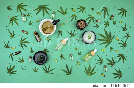 Cannabis leaves with marijuana, cbd, Flat lay composition 116163614