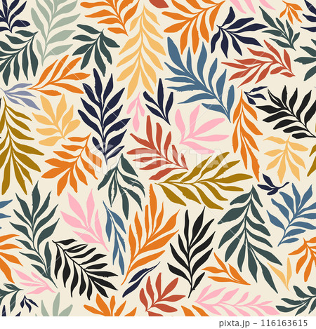 Sunny Inky Flowing Leaves Silhouettes Vector Seamless Pattern in Orange, Blue and Pink for Happy Summer Textile Sunny Inky Flowing Leaves Silhouettes Vector Seamless Pattern in Orange, Blue and Pink for Happy Summer Textile 116163615