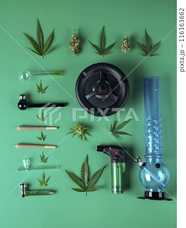Marijuana flat lay composition, Cbd, weed, cannabis buds 116163662