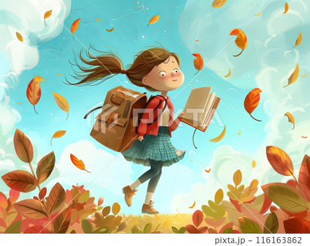 girl with a ponytail walks through a vibrant autumn scene, carrying a book and wearing a backpack 116163862