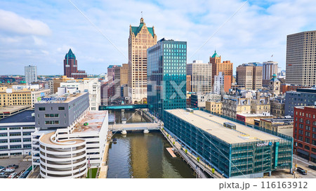 Aerial View of Milwaukee Cityscape with River and Skyscrapers Aerial View of Milwaukee Cityscape with River and Skyscrapers 116163912
