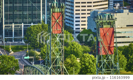 Aerial View of Hawthorne Bridge Towers Against Portland Skyline Aerial View of Hawthorne Bridge Towers Against Portland Skyline 116163999