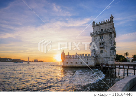 Belem Tower on the bank of the Tagus River on sunset. Lisbon, Portugal Belem Tower on the bank of the Tagus River on sunset. Lisbon, Portugal 116164440