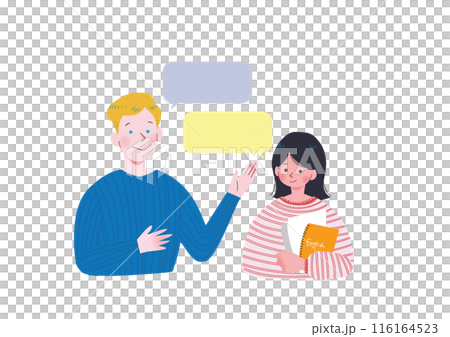 A young Japanese woman with black bob hair smiling and conversing in English with a blonde Caucasian man studying abroad, upper body, flat illustration 116164523