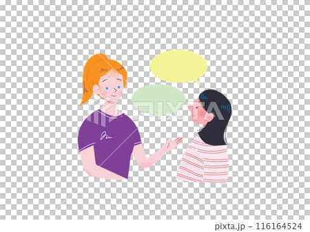 A young Japanese woman with black bob hair smiling and conversing in English with a blonde white woman studying abroad, upper body, flat illustration 116164524