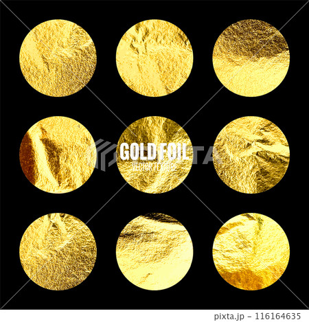 Gold foil, shiny handmade circles. Golden glittering texture, pattern. Luxury shining hand drawn background. Wedding, greeting card decoration elements. Modern minimalist art. Vector illustration 116164635