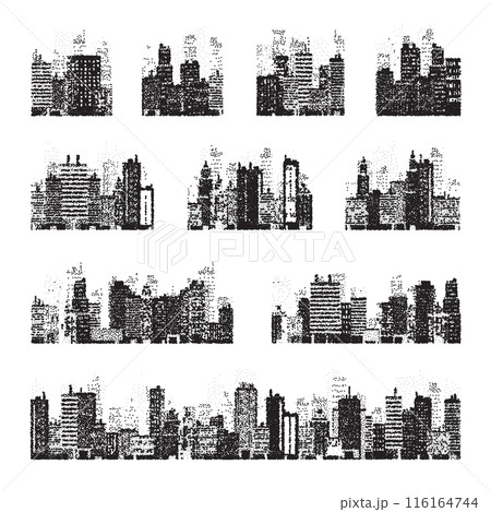 Stippled city silhouettes. Cityscape, town skyline. Midtown, downtown with buildings, houses and skyscrapers. Stippling, dot drawing and shading, stipple pattern, halftone effect. Vector illustration 116164744