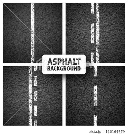 Asphalt road with white cracked lane marking, concrete highway surface, texture. Street traffic line, road dividing strip. Pattern with grainy structure, grunge stone background. Vector illustration 116164779