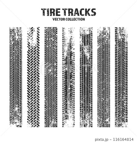 Grunge tire tracks, wheel braking marks. Truck, car or motorcycle tread pattern silhouettes. Auto race, motorsport, speed racing design element. Vector illustration Grunge tire tracks, wheel braking marks. Truck, car or motorcycle tread pattern silhouettes. Auto race, motorsport, speed racing design element. Vector illustration 116164814