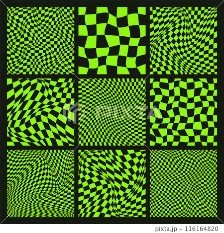 Trendy checkered pattern, black and green distorted tiled grid. Wavy curved backdrop, distortion effect. Funky geometric chessboard texture, retro background in 90s style, y2k. Vector illustration 116164820