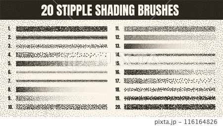 Stipple scatter brush, ink drawing and texturing. Fading gradient. Stippling, dotwork drawing, shading using dots. Halftone disintegration effect. White noise grainy texture. Vector illustration Stipple scatter brush, ink drawing and texturing. Fading gradient. Stippling, dotwork drawing, shading using dots. Halftone disintegration effect. White noise grainy texture. Vector illustration 116164826