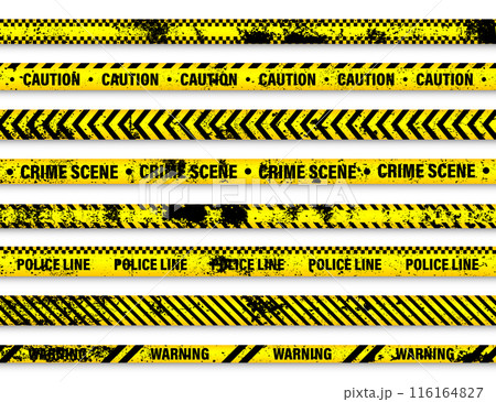 Old grunge barricade construction tape. Yellow police warning line, brightly colored danger or hazard stripe, ribbon. Restricted area, zone. Attention symbol. Vector illustration 116164827