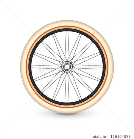 Realistic 3d retro bicycle wheel. Bike rubber tire, shiny metal spokes and rim. Fitness cycle, touring, sport, road and mountain bike. Vector illustration Realistic 3d retro bicycle wheel. Bike rubber tire, shiny metal spokes and rim. Fitness cycle, touring, sport, road and mountain bike. Vector illustration 116164888