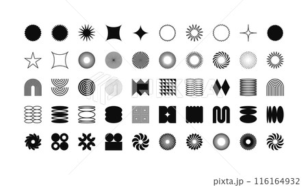 Brutalist geometric shapes, modern symbols. Simple primitive elements and forms. Retro design, trendy contemporary minimalist style, y2k. Vector illustration 116164932