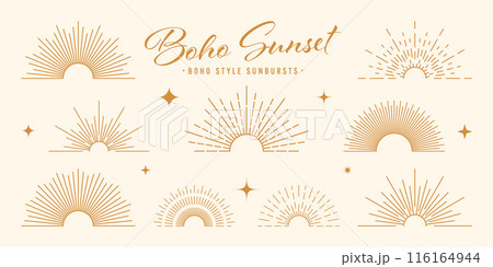 Vintage sunburst, sunset beams, half circle sunrise. Boho style, modern minimalist bohemian design. Hand drawn bursting sun, light rays. Lettering design element in retro style. Vector illustration 116164944