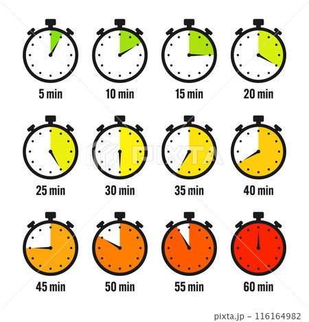 Stopwatch icons. Colorful simple chronometer, time counter with dial. Countdown timer showing hours and minutes. Deadline, measurement for sport. Cooking time label, sticker. Vector illustration 116164982