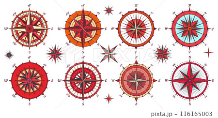 Vintage marine wind rose, nautical chart. Colorful navigational compass with cardinal directions of North, East, South, West. Geographical position, cartography and navigation. Vector illustration 116165003