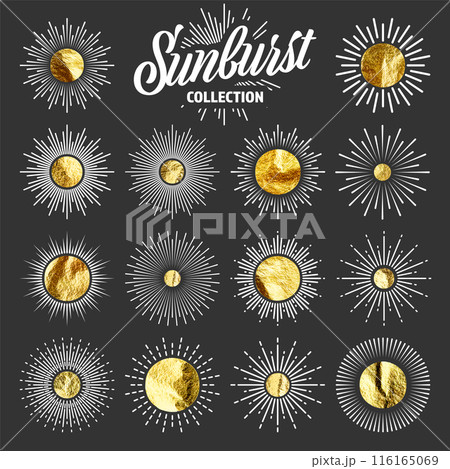 Vintage sunburst, sunset beams. Gold foil, shiny handmade circles. Golden glittering texture, pattern. Hand drawn bursting sun, light rays. Logotype or lettering, retro style. Vector illustration Vintage sunburst, sunset beams. Gold foil, shiny handmade circles. Golden glittering texture, pattern. Hand drawn bursting sun, light rays. Logotype or lettering, retro style. Vector illustration 116165069