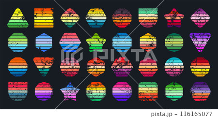 Grunge vintage sunset collection. Various colorful striped sunrise badges in 80s and 90s style. Sun and ocean view, summer vibes, surfing. Design element, print, logo or t-shirt. Vector illustration Grunge vintage sunset collection. Various colorful striped sunrise badges in 80s and 90s style. Sun and ocean view, summer vibes, surfing. Design element, print, logo or t-shirt. Vector illustration 116165077