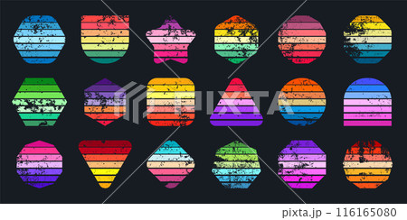 Grunge vintage sunset collection. Various colorful striped sunrise badges in 80s and 90s style. Sun and ocean view, summer vibes, surfing. Design element, print, logo or t-shirt. Vector illustration Grunge vintage sunset collection. Various colorful striped sunrise badges in 80s and 90s style. Sun and ocean view, summer vibes, surfing. Design element, print, logo or t-shirt. Vector illustration 116165080