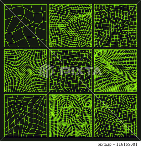 Wireframe shapes, lined perspective mesh, 3d grid. Low poly geometric elements. Retro futuristic design elements, y2k, vaporwave and synthwave style. Vector illustration 116165081