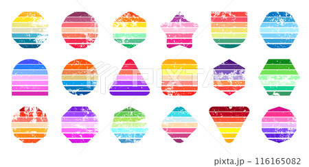 Grunge vintage sunset collection. Various colorful striped sunrise badges in 80s and 90s style. Sun and ocean view, summer vibes, surfing. Design element, print, logo or t-shirt. Vector illustration 116165082