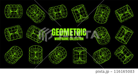 Wireframe lined shapes. Perspective mesh, 3d grid. Low poly geometric elements. Retro futuristic design elements, y2k, vaporwave and synthwave style. Vector illustration Wireframe lined shapes. Perspective mesh, 3d grid. Low poly geometric elements. Retro futuristic design elements, y2k, vaporwave and synthwave style. Vector illustration 116165083