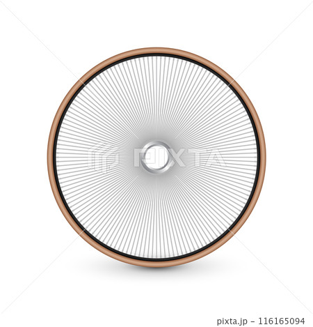 Realistic 3d retro bicycle wheel. Bike rubber tire, shiny metal spokes and rim. Fitness cycle, touring, sport, road and mountain bike. Vector illustration Realistic 3d retro bicycle wheel. Bike rubber tire, shiny metal spokes and rim. Fitness cycle, touring, sport, road and mountain bike. Vector illustration 116165094