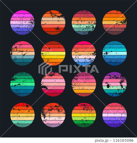 Grunge vintage sunset collection. Colorful striped sunrise badges in 80s and 90s style. Sun and ocean view, summer vibes, surfing. Design element for print, logo or t-shirt. Vector illustration Grunge vintage sunset collection. Colorful striped sunrise badges in 80s and 90s style. Sun and ocean view, summer vibes, surfing. Design element for print, logo or t-shirt. Vector illustration 116165096